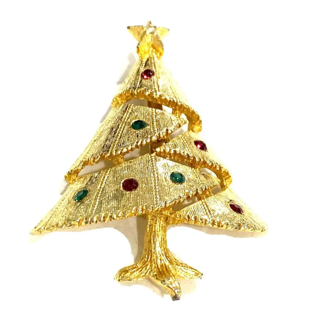 Vintage Christmas Tree brooch textured dimensional gold & colored rhinestones